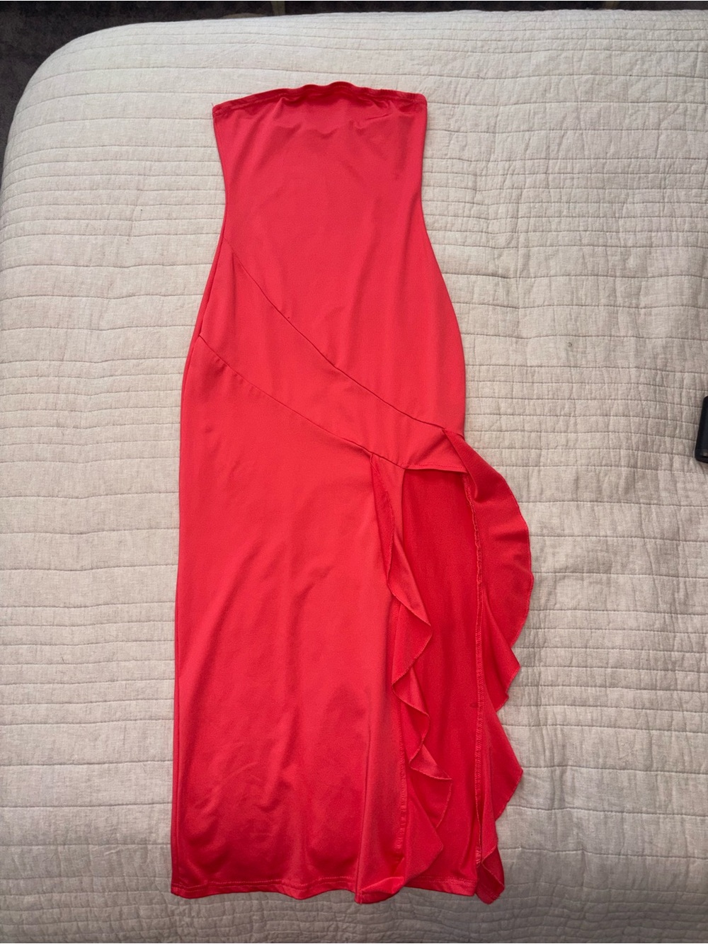 Amazon Strapless Red Ruffle Side-Slit Evening Dress